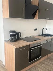 eine Küche mit einem schwarzen Herd und einer Spüle in der Unterkunft Moderner Neubau nähe Lübeck in Stockelsdorf