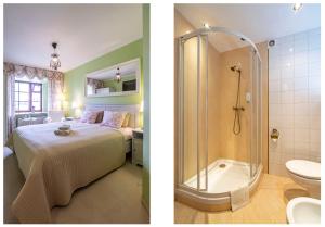 a bedroom with a bed and a shower and a bathroom at Wawabed Bed & Breakfast hotel butikowy in Warsaw