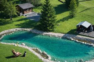 Vue aérienne d'une piscine avec des personnes assises dans l'herbe dans l'établissement Relax in Baita di montagna!, à Pieve di Cadore 17 autres photos