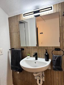 een badkamer met een witte wastafel en een spiegel bij Bijou Mosen in Hitzkirch