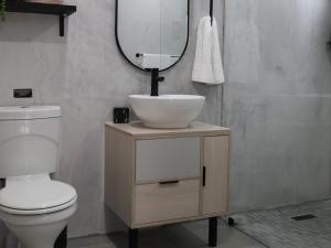 een badkamer met een wastafel, een toilet en een spiegel bij Fossil Lane in Clarens