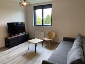 a living room with a couch and a tv at Les rÉdÉlÉs in Saulces-Monclin