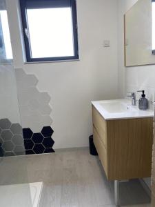 un bagno con lavandino e doccia con finestra di Gîte 535 a Saulces-Monclin