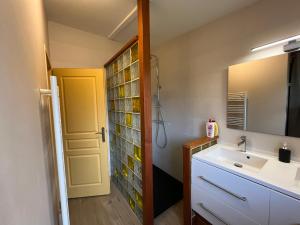 een badkamer met een wastafel en een spiegel bij Maison du Verger Idéal pour séjours pros in La Rochefoulques +15 foto's