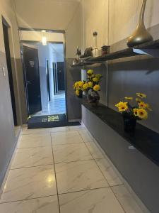 een gang met vazen met bloemen en een spiegel bij Hotel saffire in Feira de Santana +11 foto's