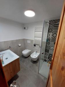 een badkamer met een toilet, een wastafel en een douche bij Lo Reinard in Nus +11 foto's