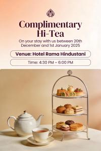 ein Flyer für eine Teezeremonie mit Teekanne und Gebäck in der Unterkunft Hotel Rama Hindustani in Jaipur