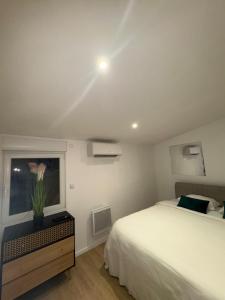 een slaapkamer met een wit bed en een raam bij Zen Room SPA luxe in Roanne