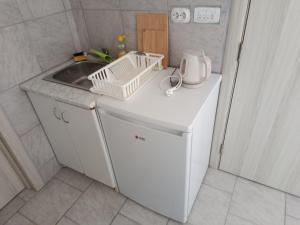 a small kitchen with a sink and a white refrigerator at PAR in Donje Mladice