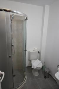 a bathroom with a shower and a toilet at Simada Green Guesthouse in Varshets