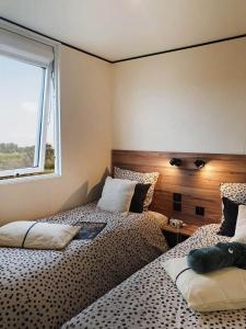a bedroom with two beds and a window at Camping Les Bois Flottés in Salin-de-Giraud +69 photos