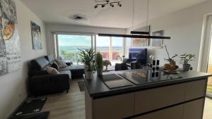 a kitchen and living room with a large window at FeWo-Brombachseeblick in Absberg