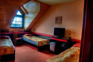 Pokój z 2 łóżkami, telewizorem i oknem w obiekcie Hotel Elzet w Taborze
