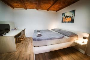 ein Schlafzimmer mit einem Bett und einem Schreibtisch mit einem Computer in der Unterkunft Penzión Pri Kaštieli Záturčie in Martin