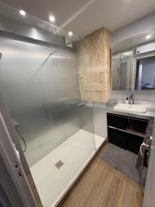 une douche en verre dans une salle de bain avec un lavabo dans l'établissement New - Charming apartment - historic heart, à Montpellier