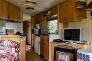 a small kitchen with wooden cabinets and a fireplace at La Belle Vue in Durmignat