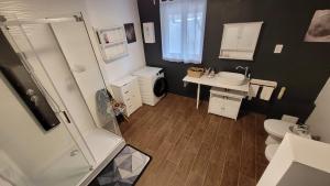 a bathroom with a toilet and a sink and a shower at Marina Cottage in Enying +12 photos