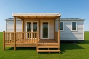 ein modulares Haus mit einer Terrasse auf dem Rasen in der Unterkunft Camping Le Chassezac in Sampzon