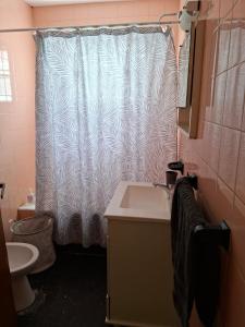 a bathroom with a shower curtain and a sink at Los Dias de Viaje in Tandil +16 photos