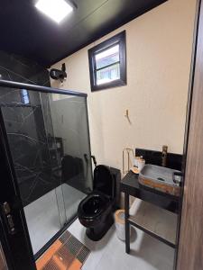 une salle de bains avec douche, toilettes et lavabo dans l'établissement Container - Pura Vida, à Uruçuca