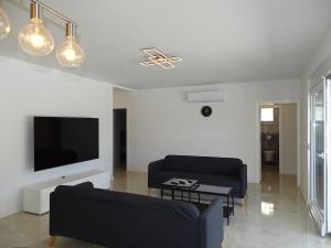 a living room with a couch and a tv at More i Sol Rab Pool House in Rab