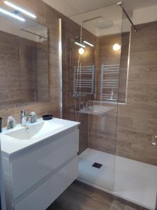 een badkamer met een witte wastafel en een douche bij Les Hauts de Balaruc in Balaruc-les-Bains