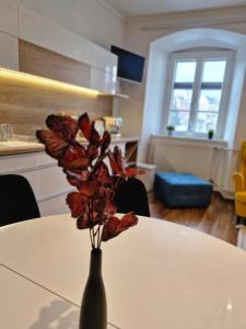 een vaas met bloemen op een tafel in een keuken bij Várker39 Apartman in Sopron