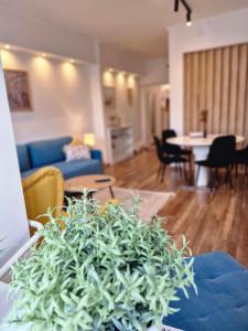 een woonkamer met een blauwe bank en een potplant bij Várker39 Apartman in Sopron