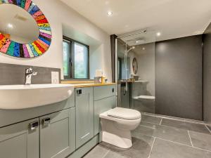 een badkamer met een toilet, een wastafel en een spiegel bij 2 Bed in Bude oc-64088 in Marhamchurch +31 foto's