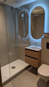 a bathroom with a shower and a sink and a toilet at Edelweiss Lodge in Morzine