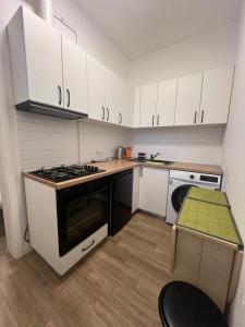 eine Küche mit weißen Schränken und einem Herd mit Backofen in der Unterkunft Unirii Square Studio in Iaşi + 3 Fotos