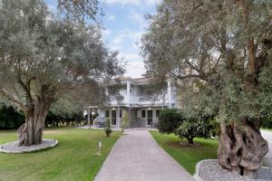 een wit huis met bomen ervoor bij Elaia studio 5 in Lefkada