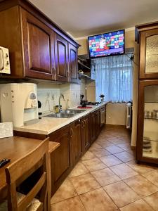 a kitchen with wooden cabinets and a tv in it at 29 Nest Residence in Craiova +14 photos