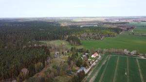 an aerial view of a farm with a field and trees at Thomsdorf Sommerland Ferienhaus Uckermark in Thomsdorf +14 photos