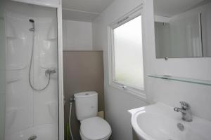 a bathroom with a toilet and a sink and a shower at ZEcamping 4 étoiles dog friendly bien-être restaurant et soirées animées in Foix +58 photos