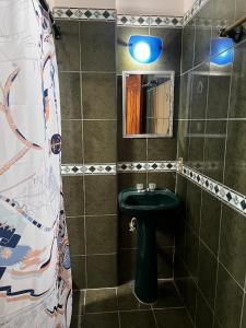 ein Badezimmer mit einem grünen Waschbecken und einem Spiegel in der Unterkunft La Isla Del Descanso in Puerto Villamil