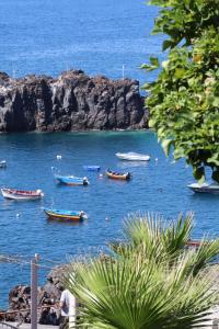 eine Gruppe von Booten im Wasser in der Nähe einer Klippe in der Unterkunft Espada Preta Apartments in Câmara de Lobos
