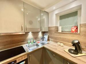 eine Küche mit Spüle und Arbeitsplatte in der Unterkunft Tannenburg 206 "Strandglück" in Grömitz