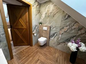 een badkamer met een toilet en een houten deur bij Dom "Między jeziorami" na Kaszubach, 10 osób, jacuzzi, ognisko, kominek in Grabówko +31 foto's