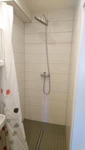 une douche avec un rideau de douche dans une salle de bain dans l'établissement GMA Apartment R11, à Schwanau