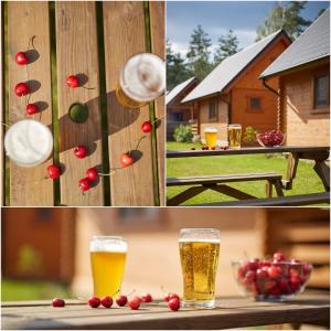 un collage de photos avec de la bière et des cerises sur une table dans l'établissement Lesne Runo Borsk, basen z podgrzewaną wodą, à Borsk