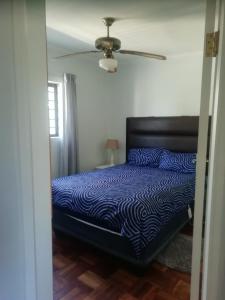 a bedroom with a bed and a ceiling fan at PauMar Guesthouse in Sutherland +7 photos