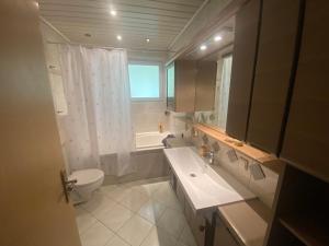 a bathroom with a sink and a toilet and a window at Apartment am Waldrand in Itzehoe
