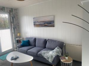 a living room with a blue couch and a table at Apartment am Waldrand in Itzehoe