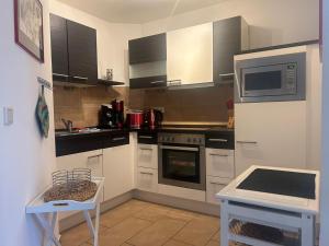 a kitchen with a stove and a microwave at "Villa Harmonie" direkt am Golfplatz in Göhren-Lebbin