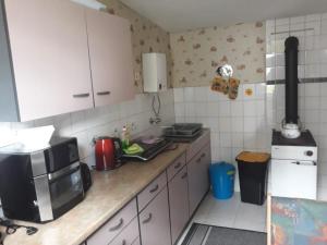 a kitchen with a counter with a microwave and a stove at Haus in Malchow in Malchow