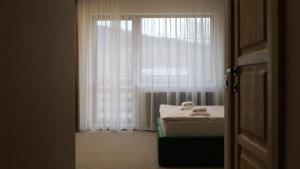 a bedroom with a bed in front of a window at Complex Hyzhky in Yaremche +58 photos