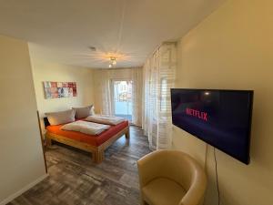 a living room with a couch and a flat screen tv at Hotel am Hindenburgplatz in Appenweier