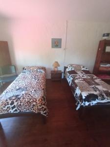 a bedroom with two beds with animal print sheets at Casa de Amelia (Punta Rubia) in La Pedrera