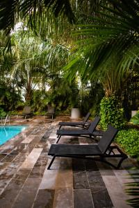 een groep ligstoelen naast een zwembad bij Cozy, elegant 2BR steps to US Consulate in Xcumpich